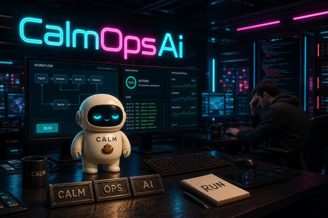 CALM в ops-комнате CalmOpsAi, мониторы, таблички CALM OPS AI